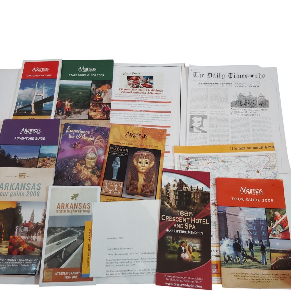 2006 Arkansas Vacation Ephemera Lot - Maps, Guides, Crescent Hotel, Pharaohs